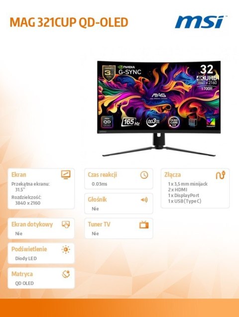 Monitor 31.5 cala MAG 321CUP QD-LED/UHD/Curved/165Hz/czarny MSI