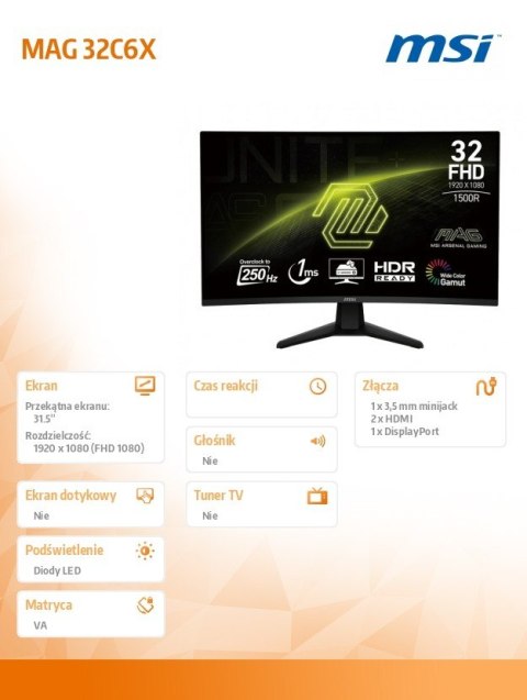 Monitor 31.5 cala MAG 32C6X LED/FHD/Curved/250Hz/czarny MSI