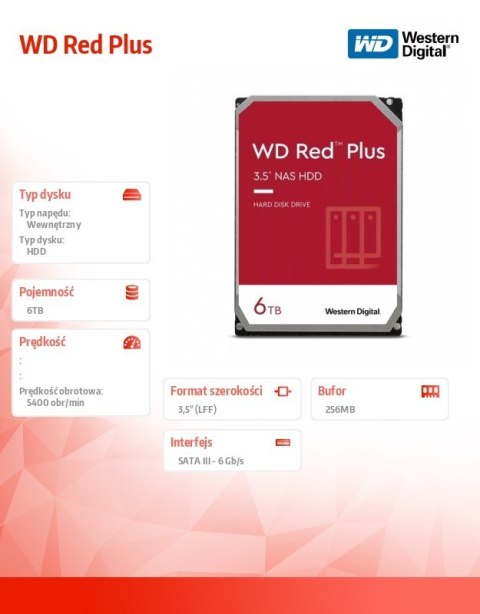 Dysk 3,5 cala WD Red Plus 6TB CMR 256MB/5400RPM Western Digital