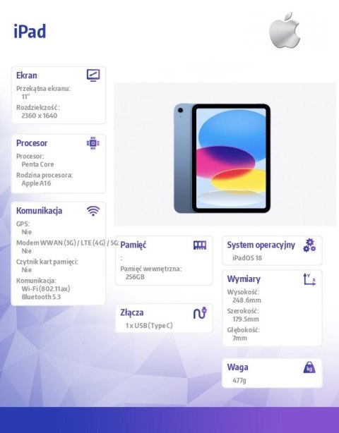 IPad WiFi 11 cali 256GB Niebieski Apple