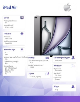 IPad Air 13 cali WiFi + Cellular 512GB Szary Apple