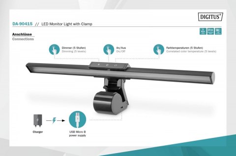 Lampka LED do monitora z mocowaniem zaciskowym, 5W, 250lm Czarna Digitus