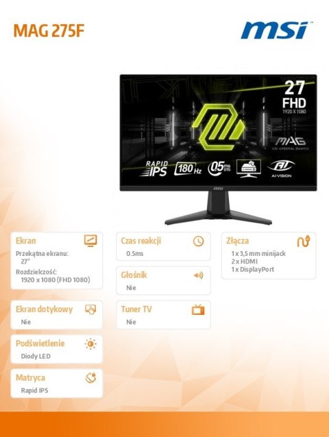 Monitor 27 cali MAG 275F LED/FHD/Flat/180Hz/czarny MSI