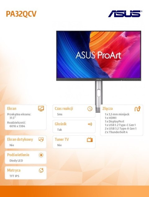 Monitor 31.5 cala PA32QCV 6K IPS HDMI DP USB-C THb4 Asus
