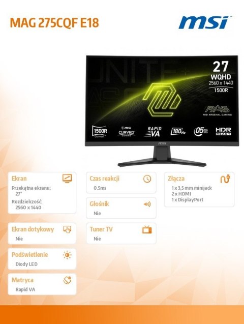 Monitor MAG 275CQF E18 27 cali LED/WQHD/LED/Curved/180Hz/czarny MSI