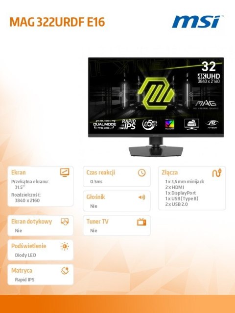 Monitor MAG 322URDF E16 31.5 cala LED/UHD/Flat/160Hz MSI