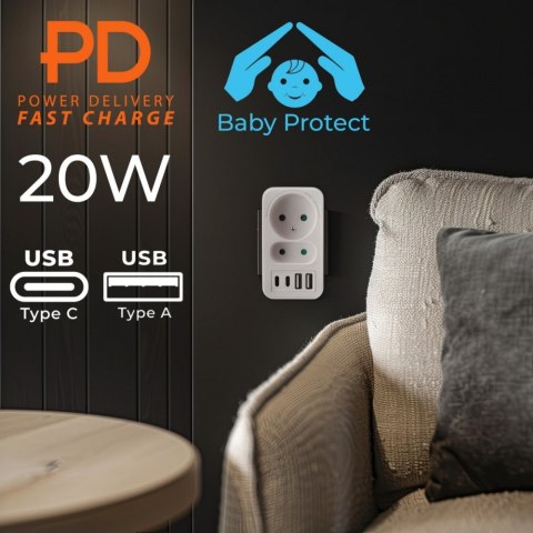 Rozdzielacz na 2 gniazda MCE249 F/W 2x USB-A 2x USB-C Maclean