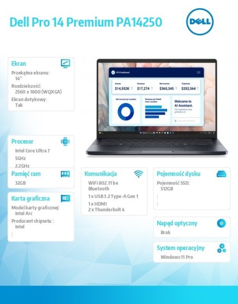Laptop Dell Pro 14 Premium PA14250 W11P U7-268V/32GB/512GB SSD CL35/FgrPr/IRCam&Mic/WLAN+BT|14.0 QHD+ Touch/BcklKb/3C/vPro/3YPS Dell