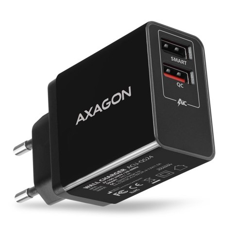 ACU-QS24 Ładowarka sieciowa QC 24W, 2x port USB--A, QC3.0/AFC/FCP + 5V/1.2A AXAGON