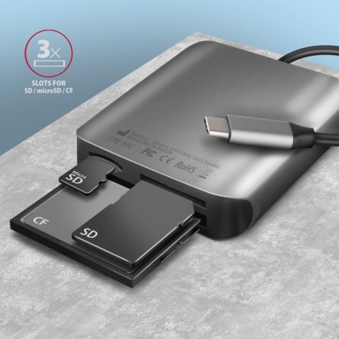 CRE-S3C Czytnik zewnętrzny kart USB-C 3.2 GEN 1, 3-slot & lun SD/microSD/CF, obsługa UHS-II AXAGON