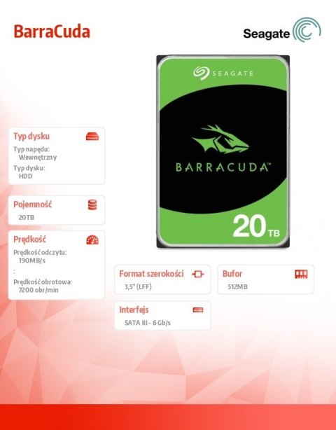Dysk twardy BarraCuda 20TB 3.5 cala ST20000DM001 Seagate