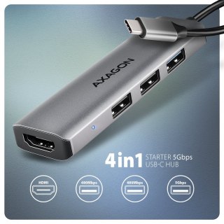 HMC-H3A Wieloportowy hub USB 4in1, 5Gbps, 3x USB-A (2x USB2.0, 1x USB3.0) + HDMI 4K/30Hz, metal, 15cm USB-C kabel AXAGON
