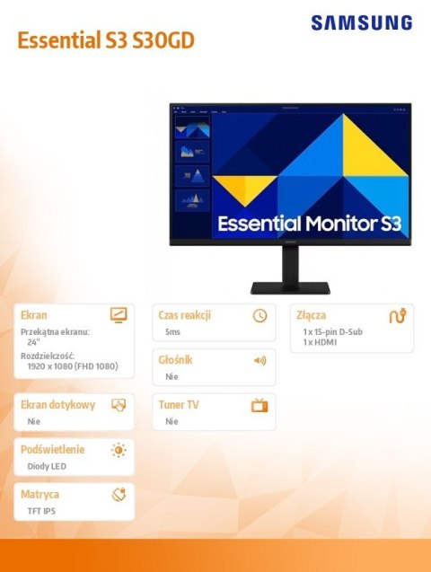 Monitor 24 cale S30GD IPS 1920x1080 FHD 16:9 1xHDMI 1xD-Sub 5ms 100Hz płaski 3YOn-Site (LS24D304GAUXEN) Samsung