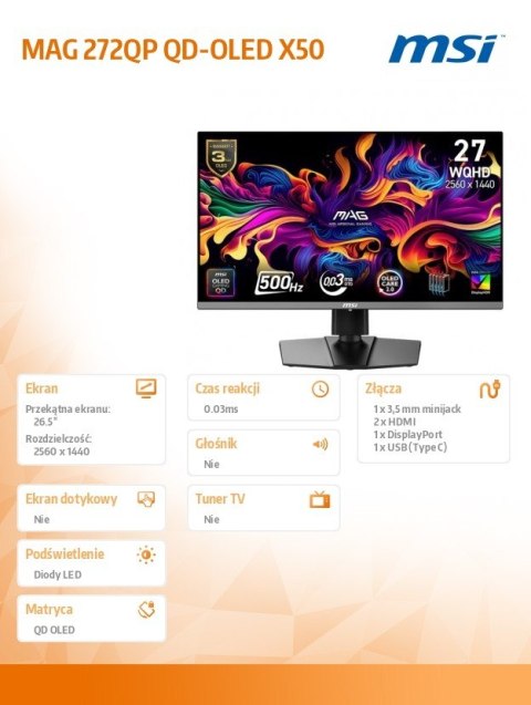 Monitor MAG 272QP QD-OLED X50/26.5 cala/QD-OLED/WQHD/Flat/500Hz/Black MSI