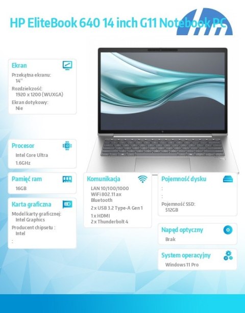 Notebook EliteBook 640 G11 U5-135U 14 512GB/16GB/W11P A37VSET HP Inc.