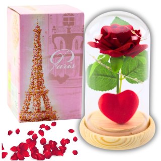 Wieczna Róża w Kopule z Oświetleniem LED Czerwona z Serduszkiem 14x8cm LEAN