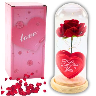 Wieczna Róża w Kopule z Oświetleniem LED Czerwona z Serduszkiem 18,5x8cm LEAN