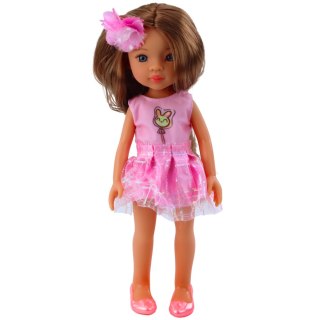 Lalka W Różowej Sukience Długie Brązowe Włosy Spinka Kwiat LEAN Toys