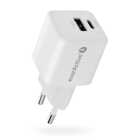 Ładowarka sieciowa GaN 1X USB, 1X USB-C 20W QC3.0 Biała EverActive