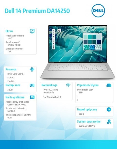 Laptop Dell 14 Premium DA14250 Win11Pro U7-255HX|32GB|1TB SSD|Nvidia RTX 4050 |WLAN + BT|14.5 OLED Touch|Backlit Kb|6 Cell|100W Dell