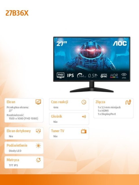 Monitor 27B36X 27 cali IPS 144Hz HDMI DP AOC