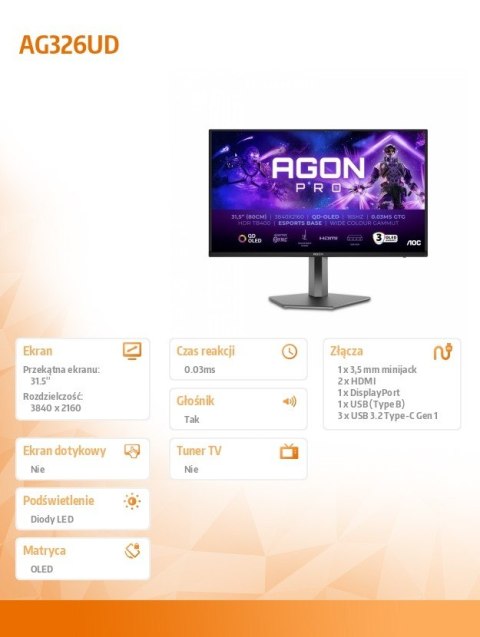 Monitor AG326UD 31.5 cala 4K QD-OLED 165Hz HDMIx2 DP Pivot Głośniki AOC
