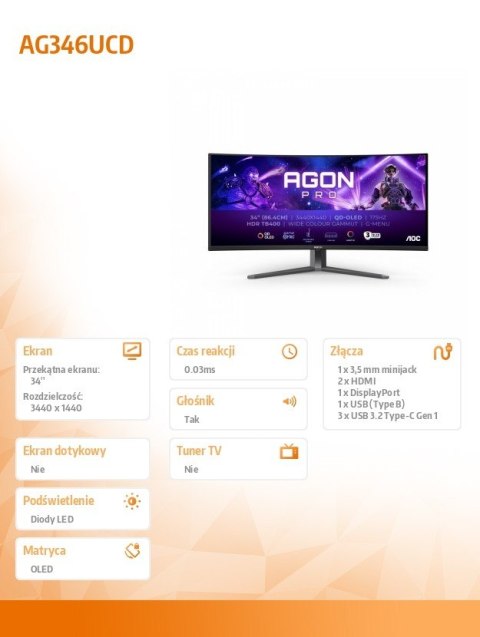 Monitor AG346UCD 34 cale 175Hz Curved QD-OLED HDMIx2 DP HAS Głośniki AOC