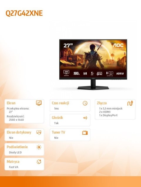 Monitor Q27G42XNE 27 cali Fast VA 180Hz HDMIx2 DP AOC