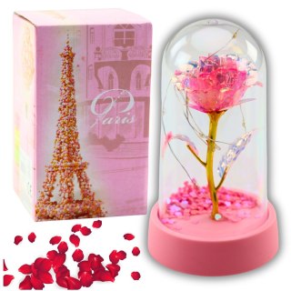 Wieczna Róża Kryształowa w Kopule z Oświetleniem LED Różowa 14x8cm LEAN