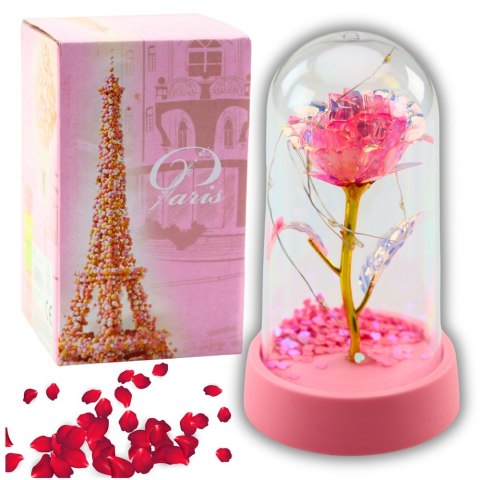 Wieczna Róża Kryształowa w Kopule z Oświetleniem LED Różowa 14x8cm LEAN