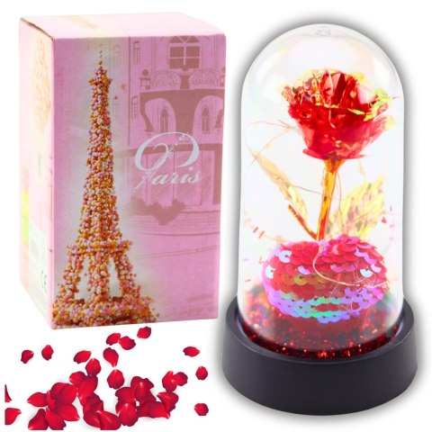 Wieczna Róża Kryształowa w Kopule z Oświetleniem LED z Serduszkiem 14x8cm LEAN