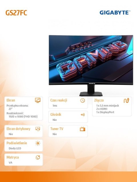 Monitor 27 cali GS27FC GAMING Gigabyte