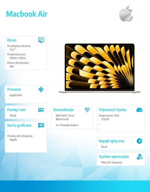 MacBook Air 15.3 cala: M4 10/10, 16GB, 512GB - Księżycowa Poświata Apple