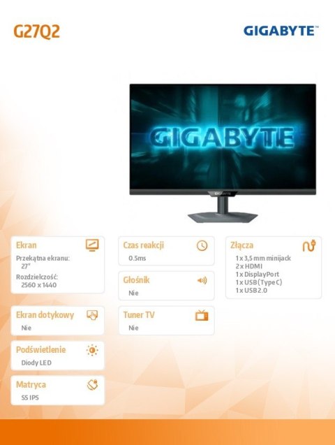 Monitor 27 cali G27Q2 GAMING Gigabyte