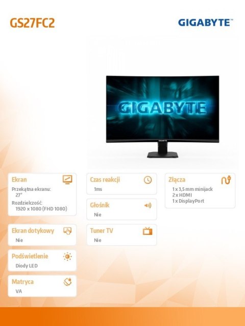 Monitor 27 cali GS27FC2 GAMING FHD 240Hz DP HDMI CURVED Gigabyte
