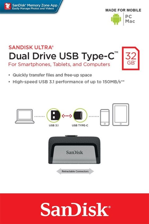 Pamięć Ultra Dual Drive 32GB USB 3.1 Type-C 150MB/s SanDisk