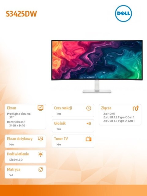 Monitor S3425DW 34 cale Curved AMD FreeSync VA LED WQHD (3440x1440)/2xHDMI/2xUSB-C/2xUSB/3Y AES&PPE Dell