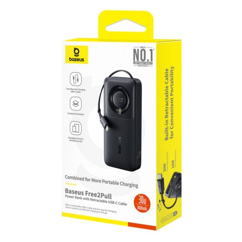 Powerbank 10000mAh 30W z portem USB-C i rozwijanym kablem USB-C Free2Pull - czarny BASEUS