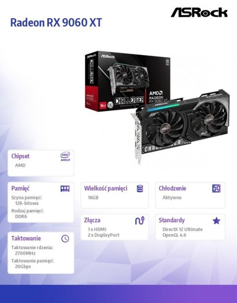 Karta graficzna Radeon RX 9060 XT CHALLENGER 16GB GDDR6 128bit 2DP/HDMI ASRock