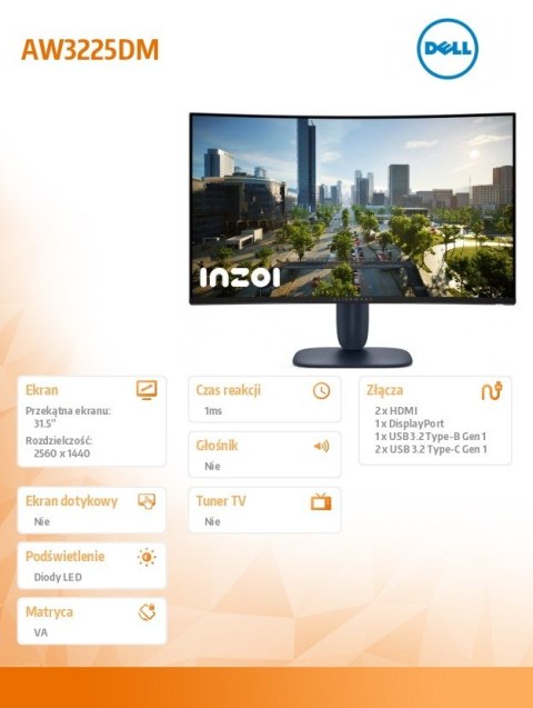 Monitor AW3225DM 31.6 cala Curved NVIDIA G-Sync Compatible 180Hz VA QHD (3440x1440)/16:9/DP/2xHDMI/3xUSB 3.2/3Y AES&PPE Dell