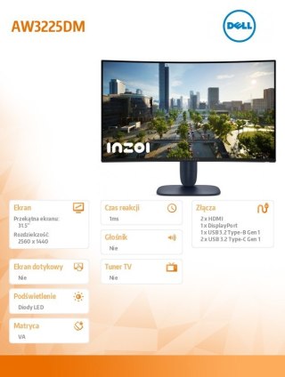 Monitor AW3225DM 31.6 cala Curved NVIDIA G-Sync Compatible 180Hz VA QHD (3440x1440)/16:9/DP/2xHDMI/3xUSB 3.2/3Y AES&PPE Dell