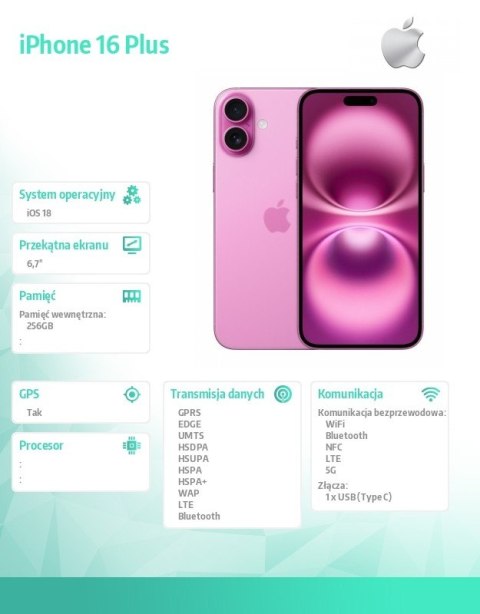 IPhone 16 Plus 256GB - Różowy Apple