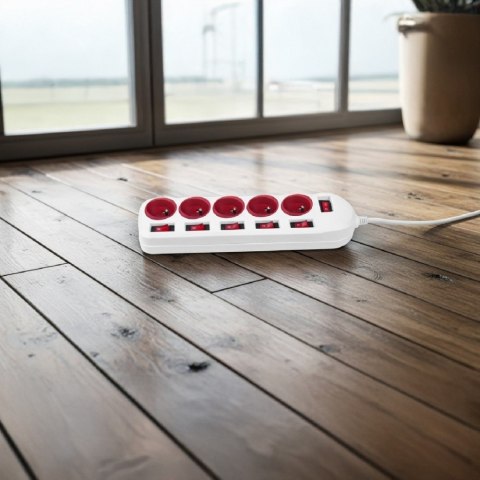 Listwa zasilająca 5 gniazd z włącznikami MCE204 R/W Biało-czerwona Maclean