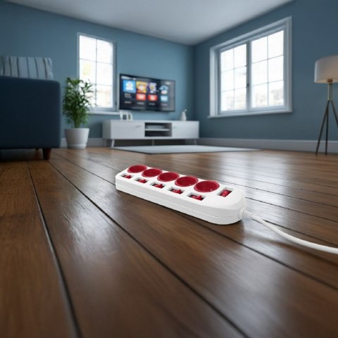 Listwa zasilająca 5 gniazd z włącznikami MCE204 R/W Biało-czerwona Maclean