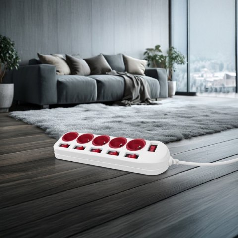 Listwa zasilająca 5 gniazd z włącznikami MCE204 R/W Biało-czerwona Maclean