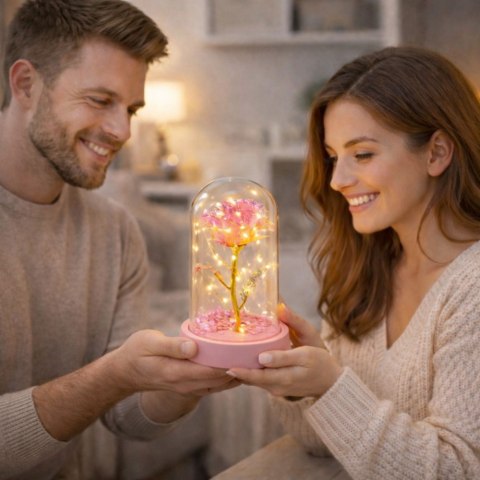 Wieczna Róża Kryształowa w Kopule z Oświetleniem LED Różowa 14x8cm LEAN