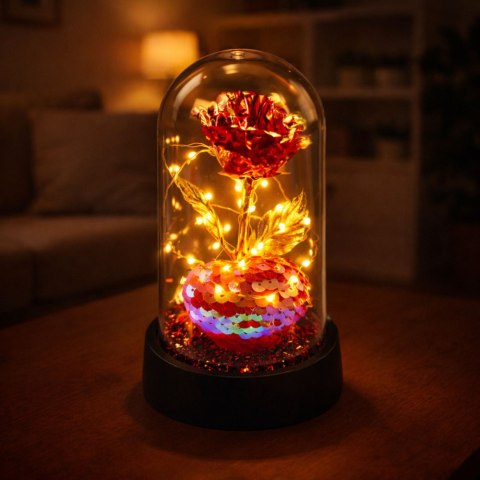 Wieczna Róża Kryształowa w Kopule z Oświetleniem LED z Serduszkiem 14x8cm LEAN