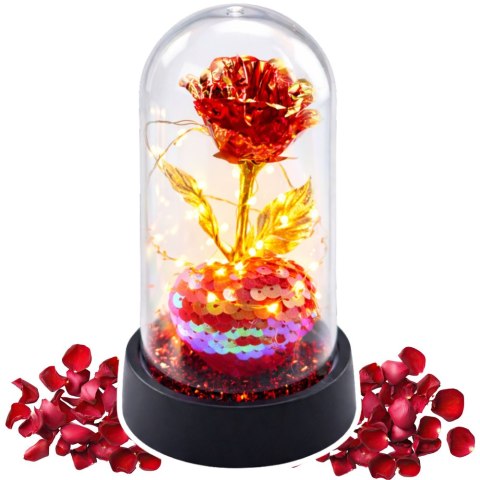 Wieczna Róża Kryształowa w Kopule z Oświetleniem LED z Serduszkiem 14x8cm LEAN