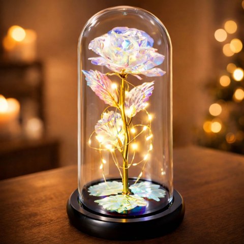 Wieczna Róża W Kopule Kryształowa Kolorowa Oświetlenie LED 21x11cm LEAN