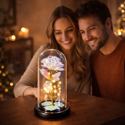 Wieczna Róża W Kopule Kryształowa Kolorowa Oświetlenie LED 21x11cm LEAN
